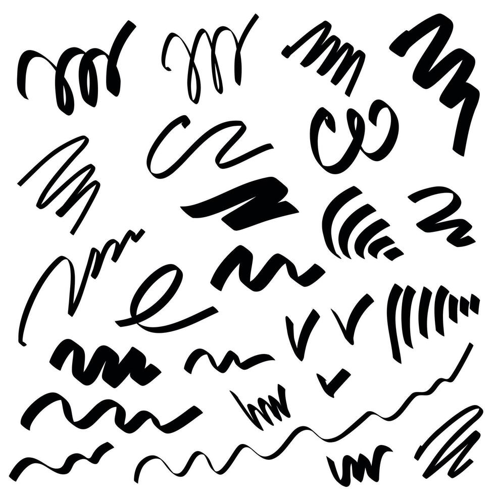 Vector set of abstract scribble bold brush pen elements. Hand drawn grunge paint stains. Isolated Ink drawn stroke lines for design.