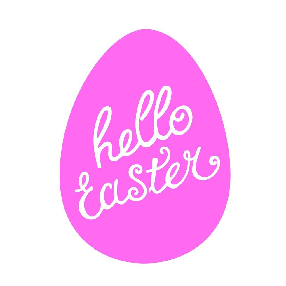 Vector pink egg with text Hello Easter on white background. Illustration in flat style. Vector clipart for design of card, banner, flyer, sale, poster