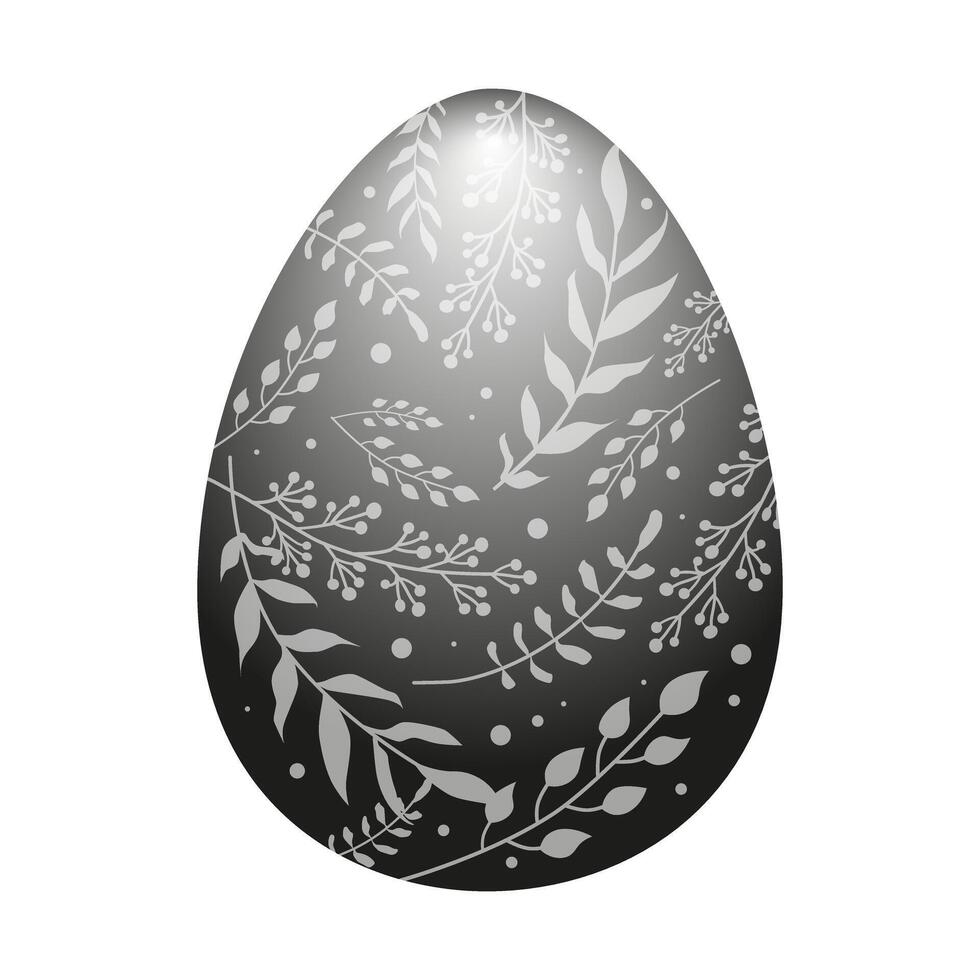 Black Easter egg with a pattern of white leaves and branches. Illustration in flat style on white background. Vector isolated clipart for design of greeting card, banner, flyer, sale, poster, icons