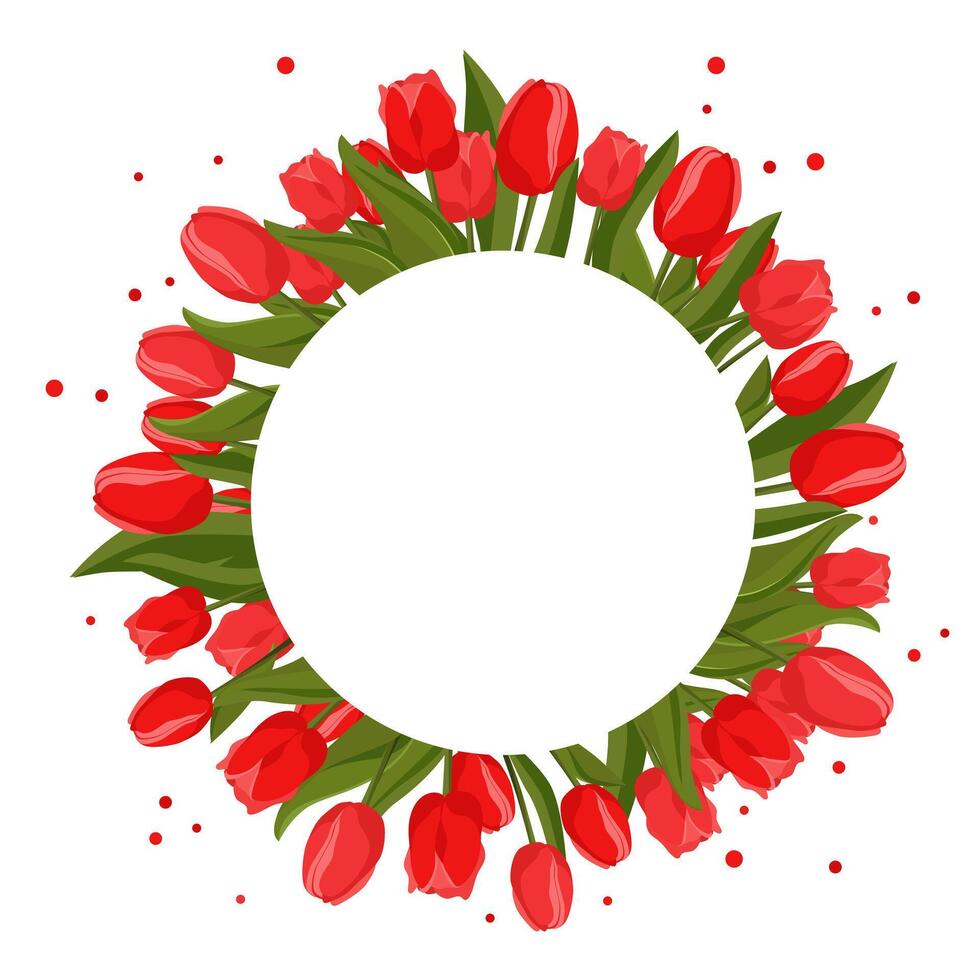 Spring round frame with red tulips for words and text. Vector background template with flowers for design, greeting card, banner, board, flyer, sale, poster