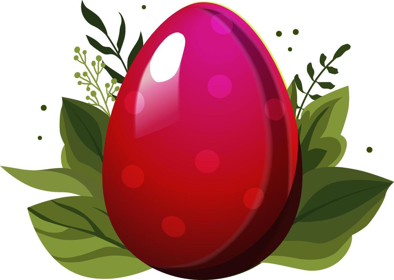 Red Easter egg with polka dots with green leaves and branches on background. Illustration in flat style. Vector clipart for design of card, banner, flyer, sale, poster, icons