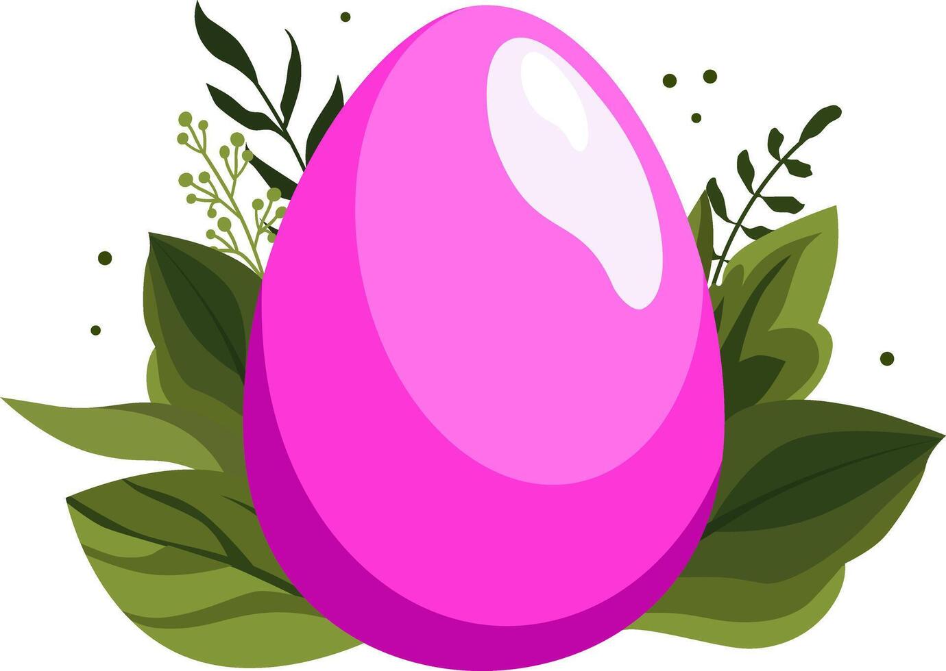 Pink Easter egg with green leaves and branches on background. Illustration in flat style. Vector clipart for design of card, banner, flyer, sale, poster, icons