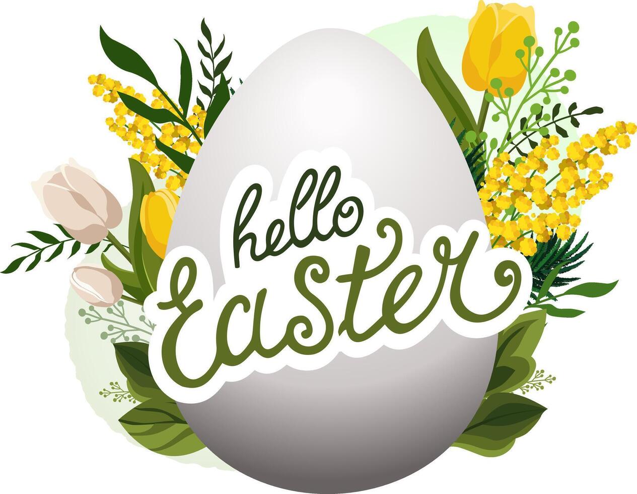 Vector white egg with text Hello Easter and with green leaves, mimosa and branches on background. Illustration in flat style. Spring clipart for design of card, banner, flyer, sale, poster