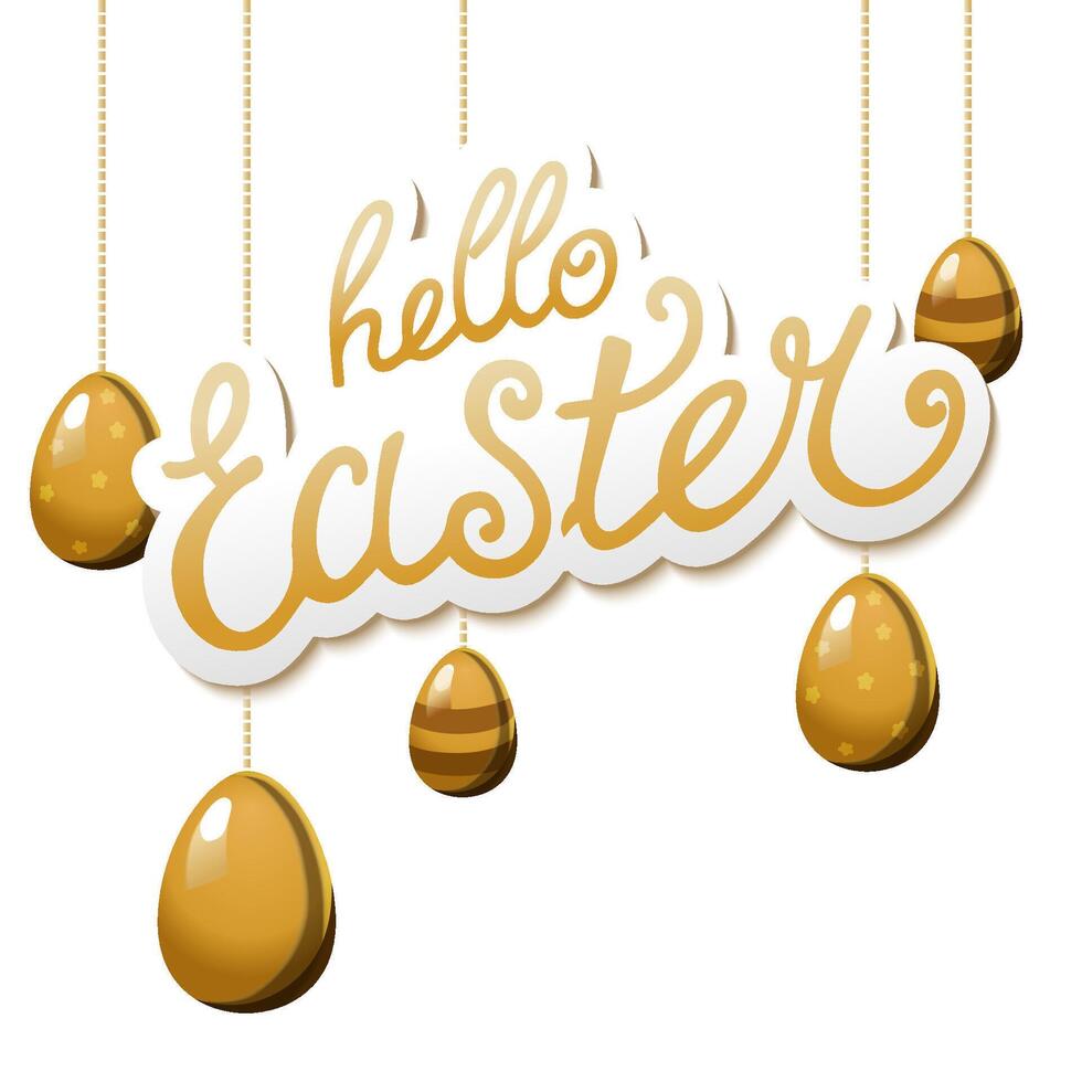 Spring gold hanging eggs with the text Hello Easter on background. Illustration in flat style. Vector clipart for design of card, banner, flyer, sale, poster