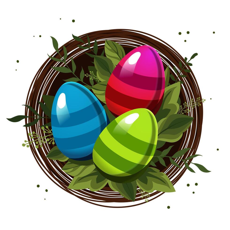 Red, blue and green Easter striped eggs in the nest with leaves on white background. Illustration in flat style. Spring vector clipart for design of card, banner, flyer, sale, poster, icons