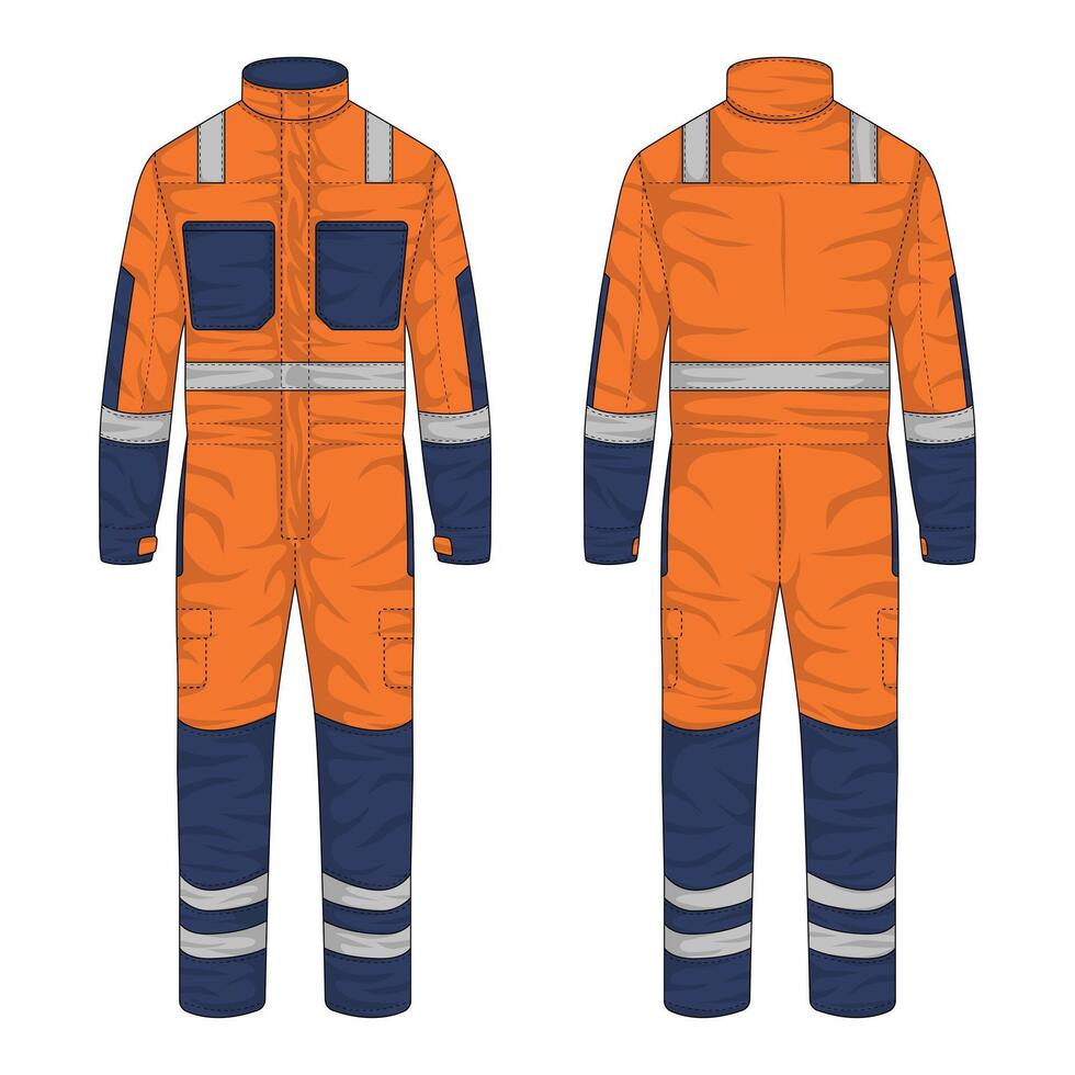 Illustration of work wear front and back view. Hi-vis wearpack mockup. Coverall vector