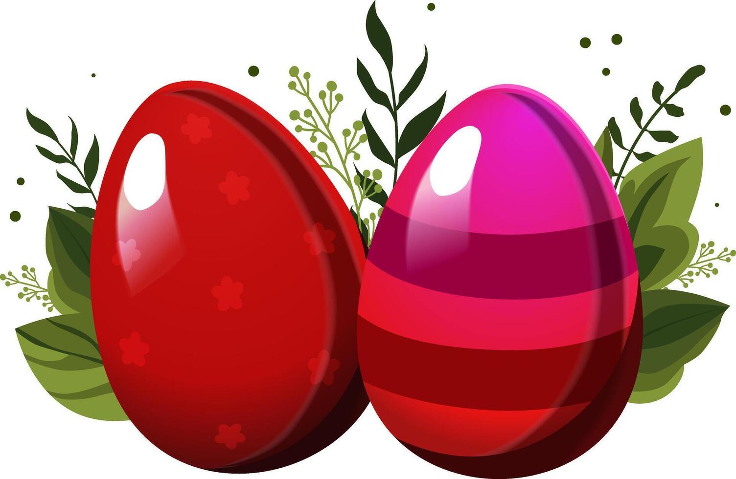 Red pink Easter striped egg and egg with polka dots with green leaves and branches on background. Illustration in flat style. Vector clipart for design of card, banner, flyer, sale, poster, icons