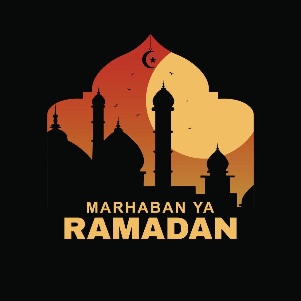 Mosque silhouette background Greeting Marhaban ya Ramadan which means Welcome Ramadan vector