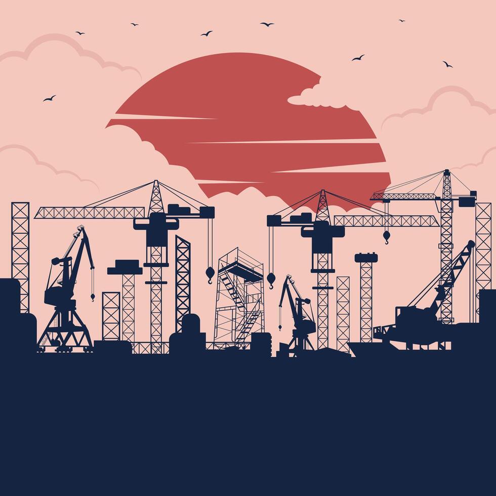 Construction silhouette view. Industrial factory silhouette. Engineering, construction. Gas and oil vector