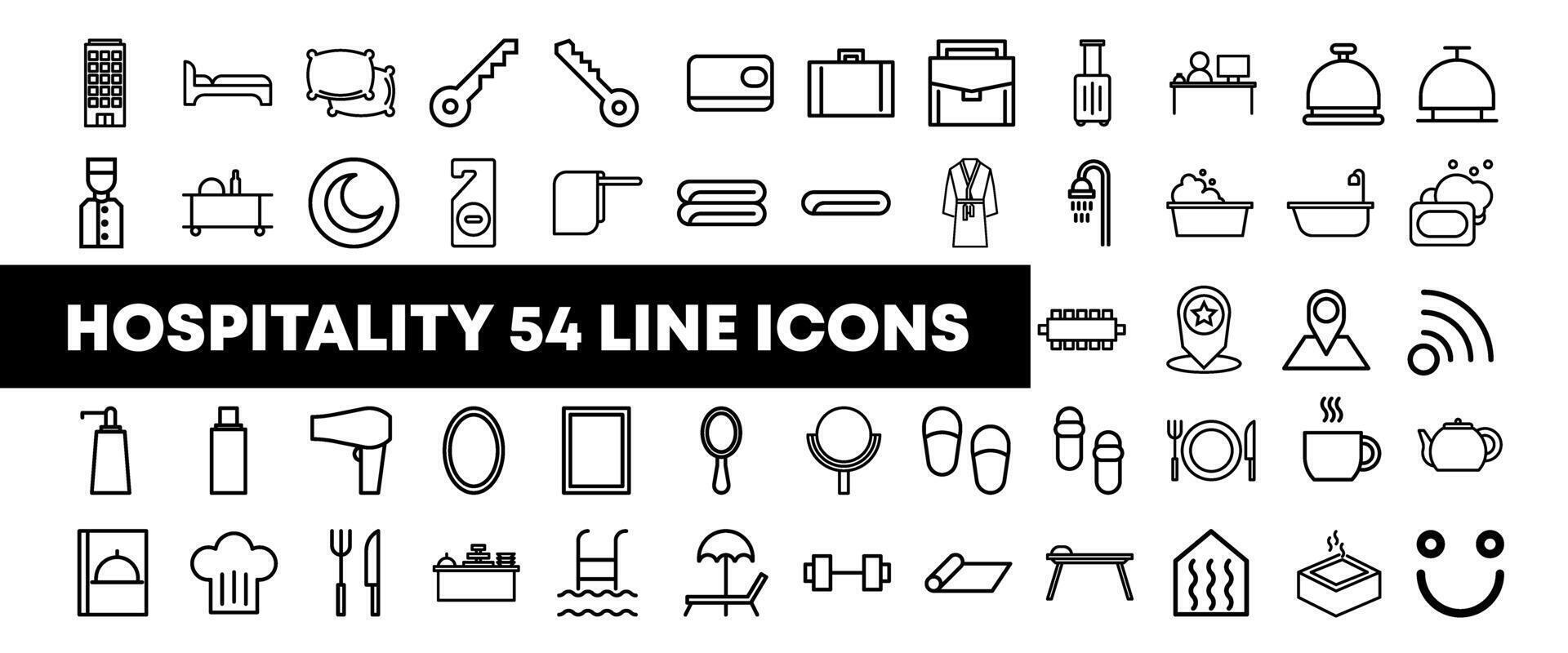 Set of hospitality, hotel industry, travel, service icons in line style. Vector illustration