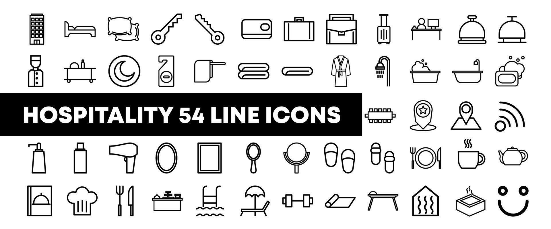 Set of hospitality, hotel industry, travel, service icons in line style. Vector illustration