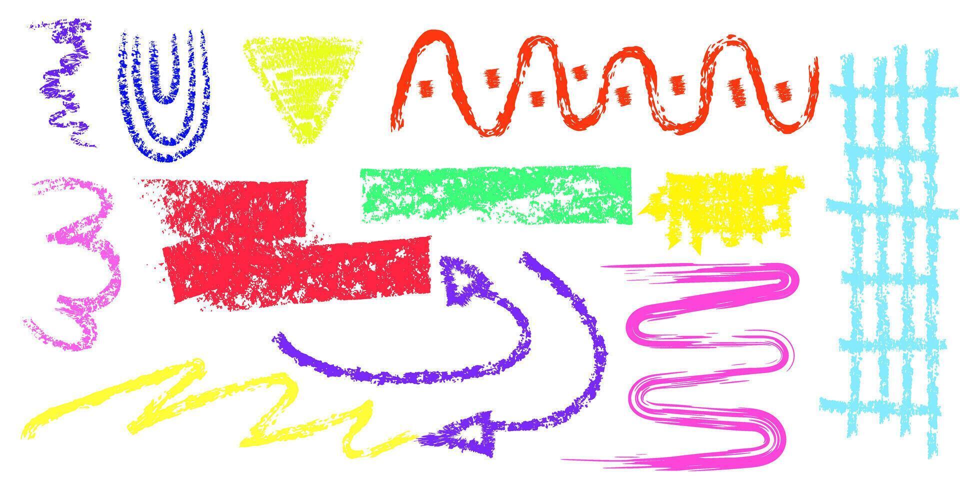Colorful crayons doodle drawing design element. Scribble lines, hand draw crayons, chldish chalk, abstract drawing. Vector illustration