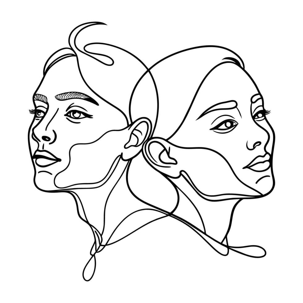 One line two face continuous line art vector illustration