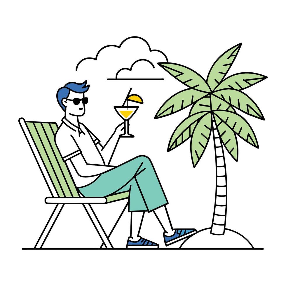 Man drinking cocktail and sitting on deck chair line art vector illustration