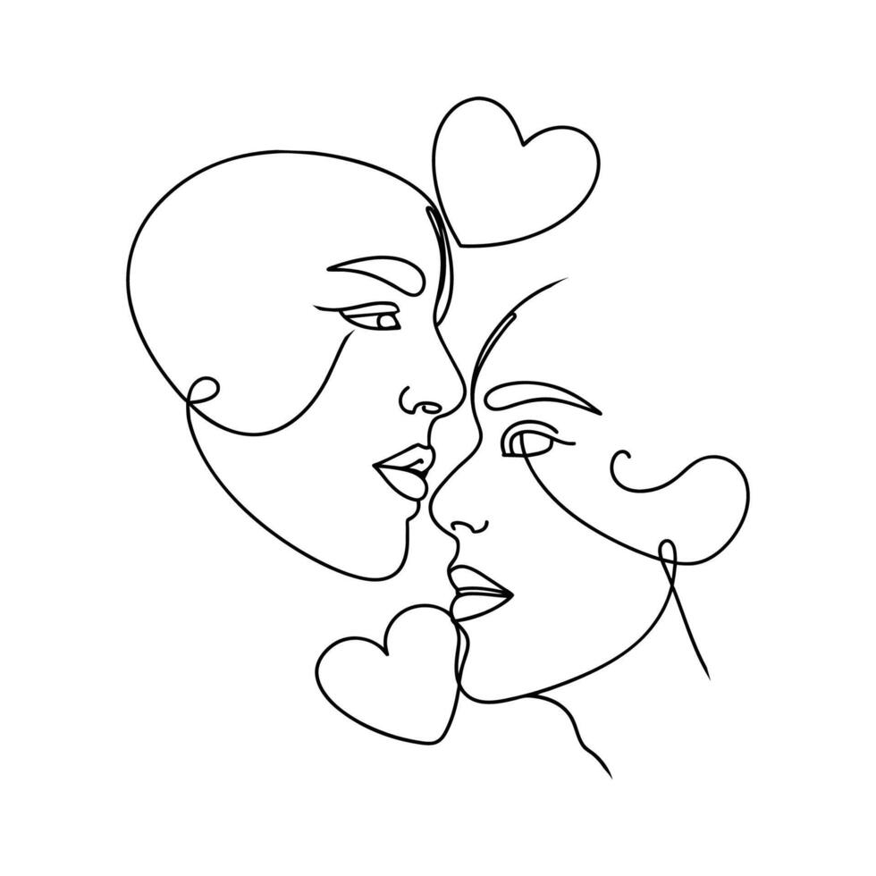 Face to face love continuous line art vector illustration