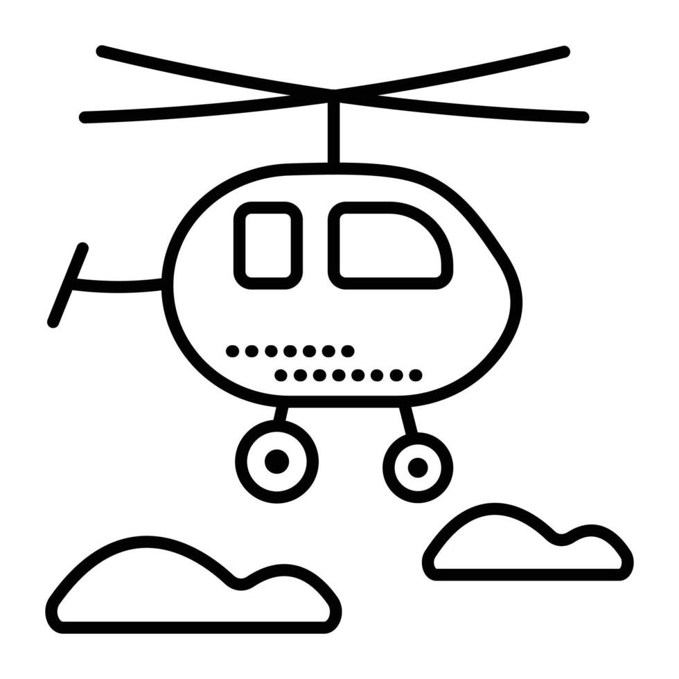 Single helicopter black line vector icon, clouds and copter pictogram, cute chopper in flight, minimal illustration