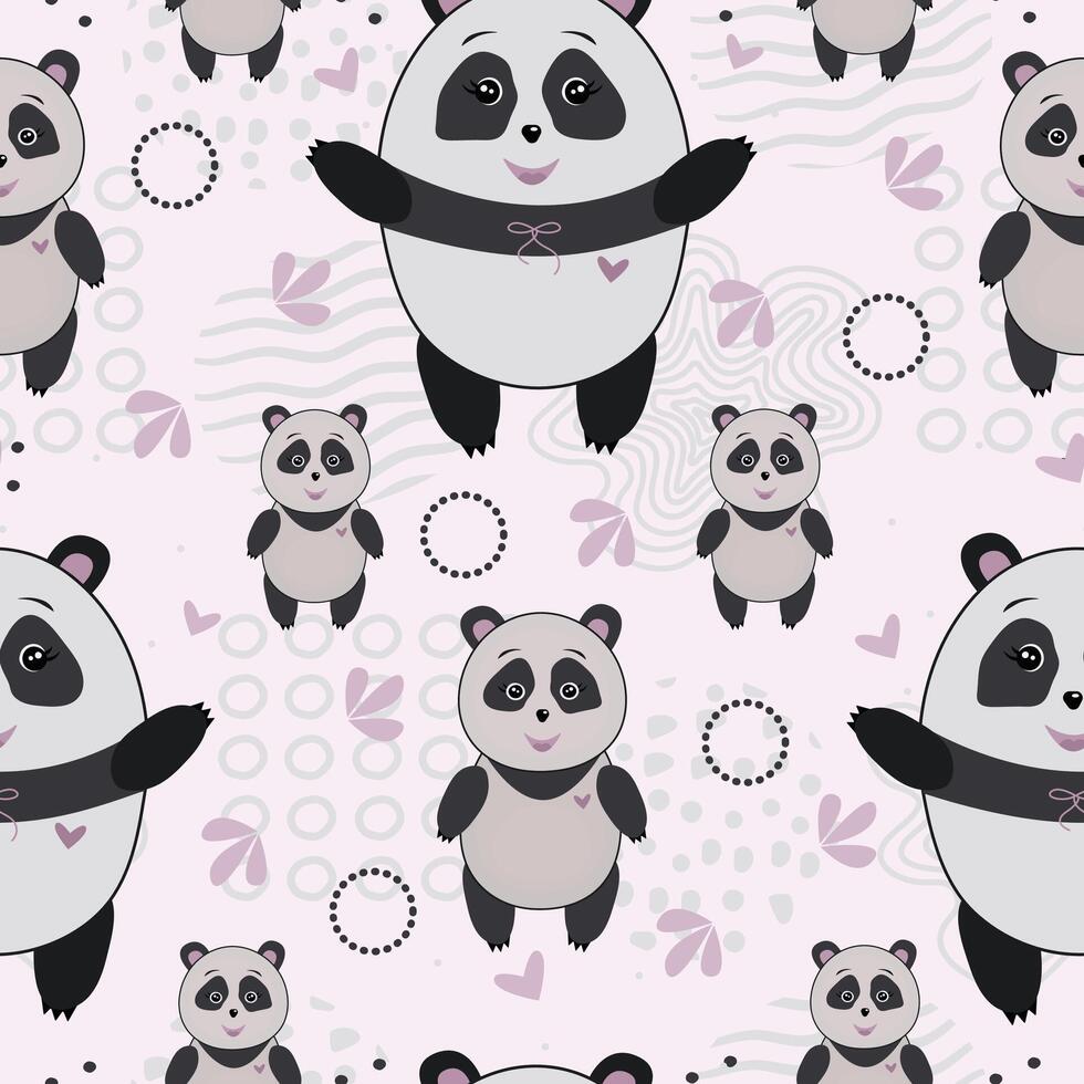 Color seamless pattern with pandas, print in scandinavian style vector