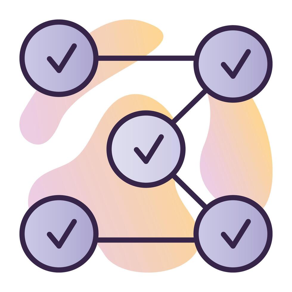 Work stages with check marks, single process sign, task completed, dark blue line vector icon on gradient background