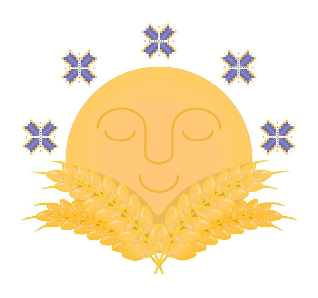 Ears of wheat, embroidery flowers and cute sun, vector Ukrainian print in yellow and blue colors