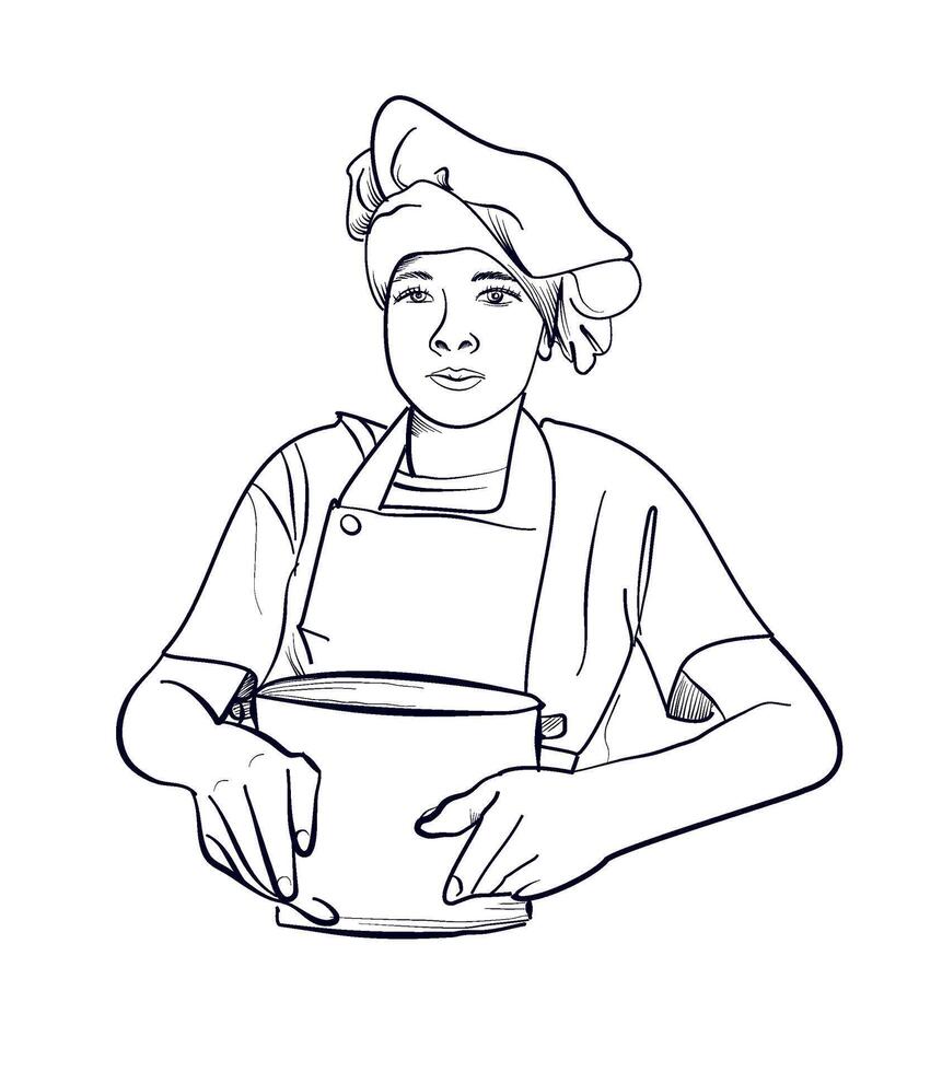 a hand-drawn drawing of a chef in a hat and apron with a saucepan in his hands vector