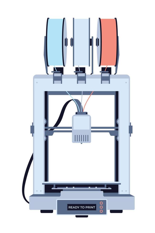 3d impresora máquina con filamento carretes en plano estilo aislado en blanco antecedentes. vector ilustración