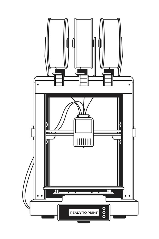 3d printer machine with filament spools in black and white isolated on white background. Vector illustration