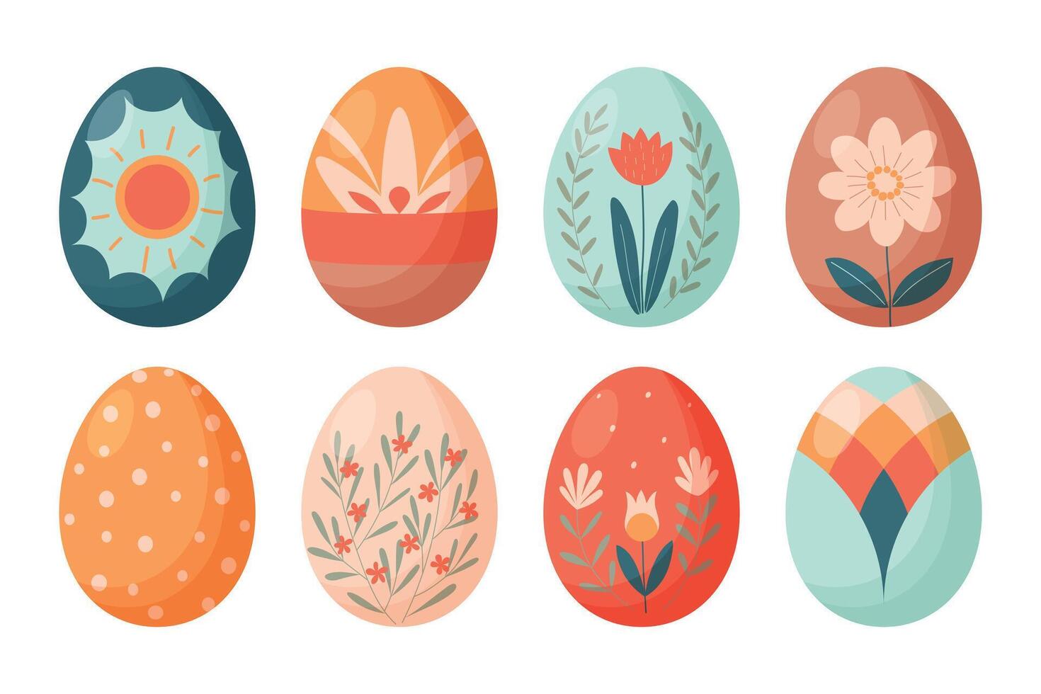 Set of Colourful Floral Decorated Easter Eggs isolated on white background. Flat style. Vector illustration