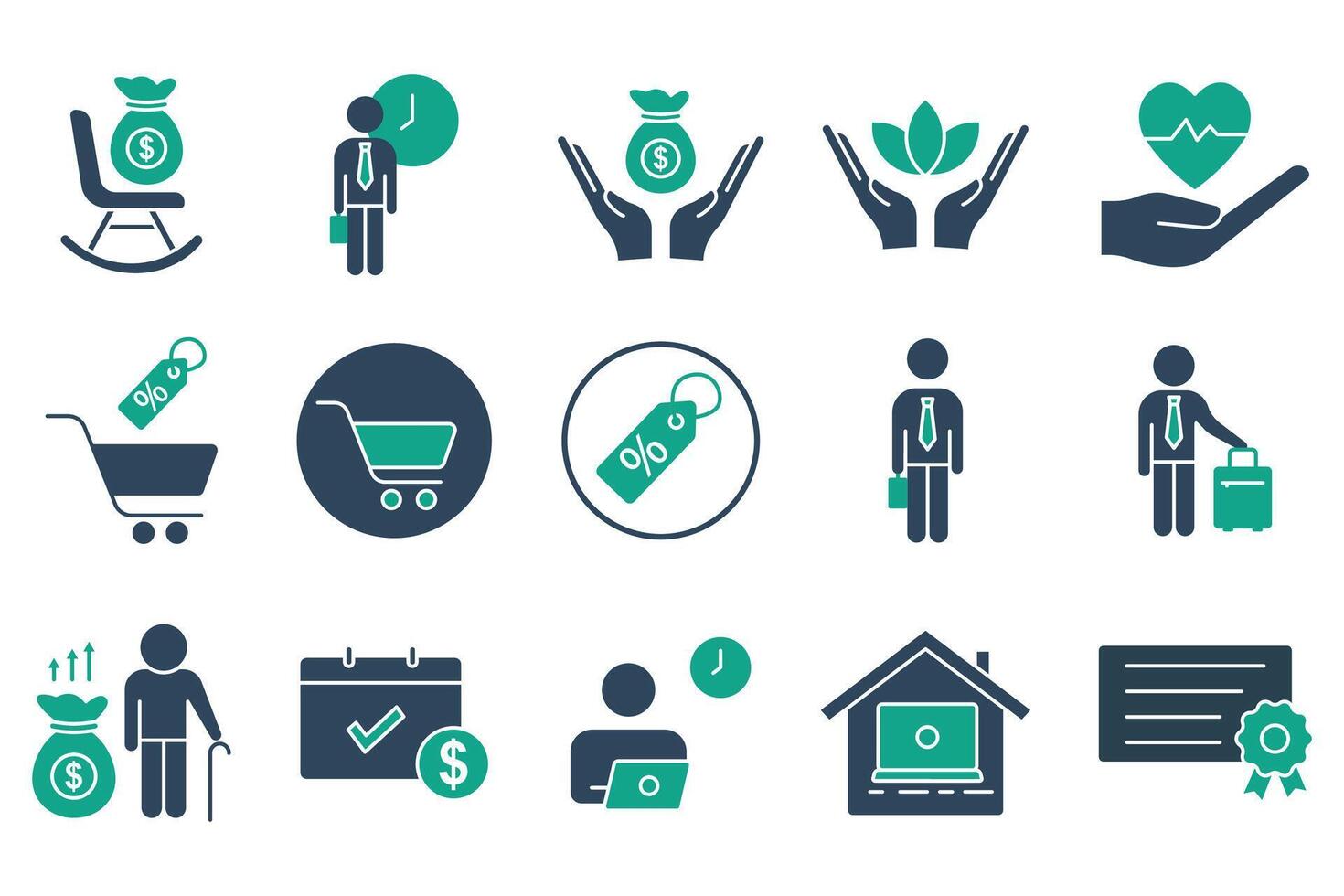 employee benefits icon set. contains icon retirement plan, flexible working, certificate, bonus, etc. solid icon style. business element vector illustration