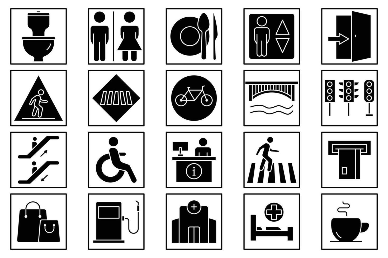 público navegación icono colocar. baño, comida corte, ascensor, información escritorio, Cajero automático, etc. sólido icono estilo. navegación vector ilustración