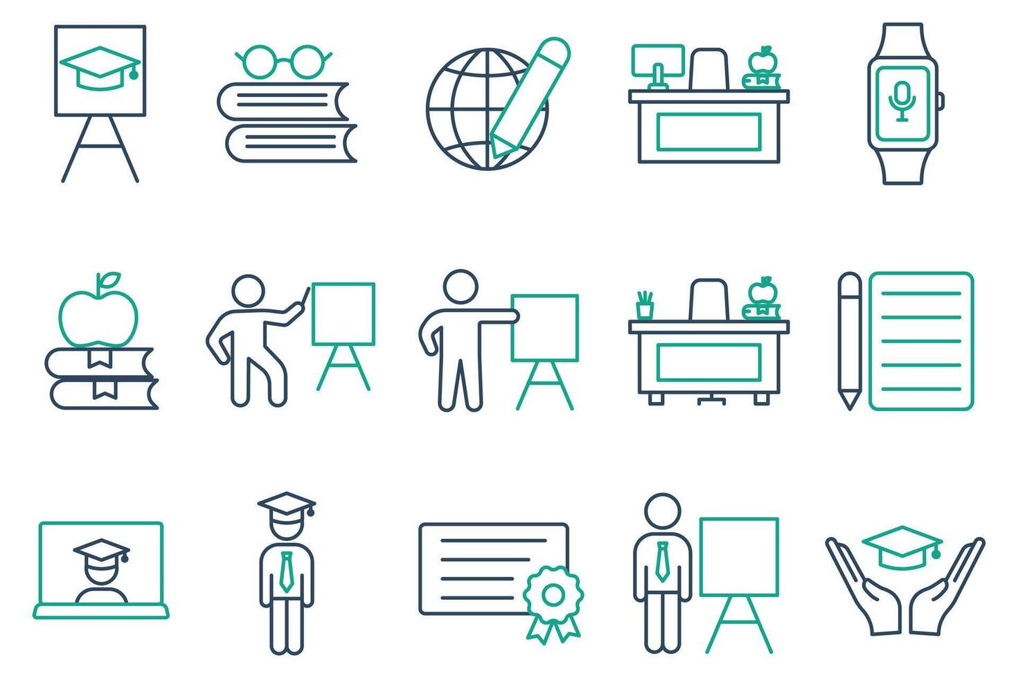 education icons. teacher, teacher desk, graduation hat, pencil and notepad, book, student. set of icons related to education. line icon style. navigation vector illustration