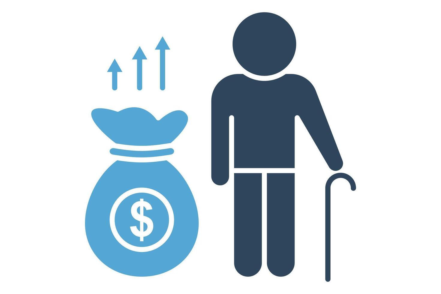 Retirement plan icon. icon of old man holding stick with money bag. symbolizing financial security and future savings. solid icon style. element illustration. vector