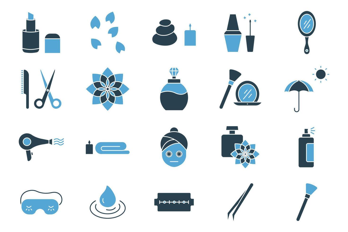 spa icon. beauty and spa icon set. makeup, spa stone, nail polish, lipstick, essential oil, etc. solid icon style. beauty element vector illustration