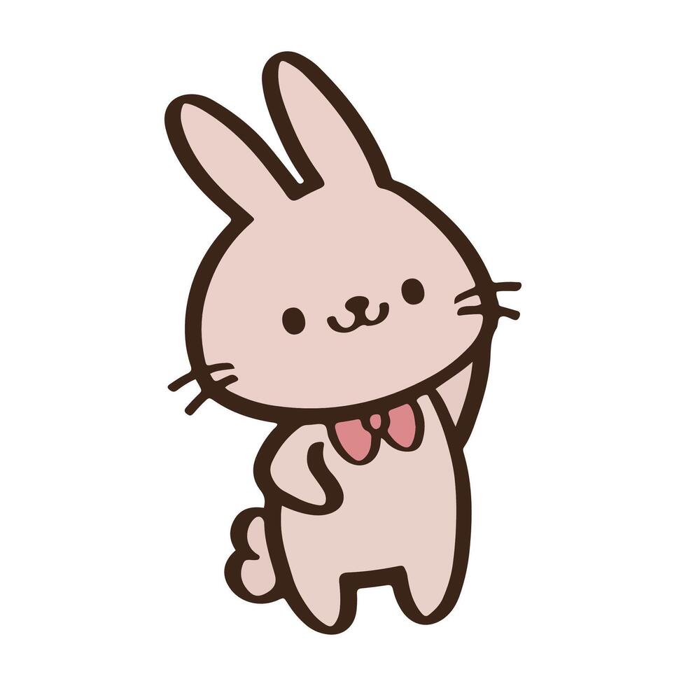 linda dibujos animados Conejo estar y rosado cinta. Pascua de Resurrección día vector