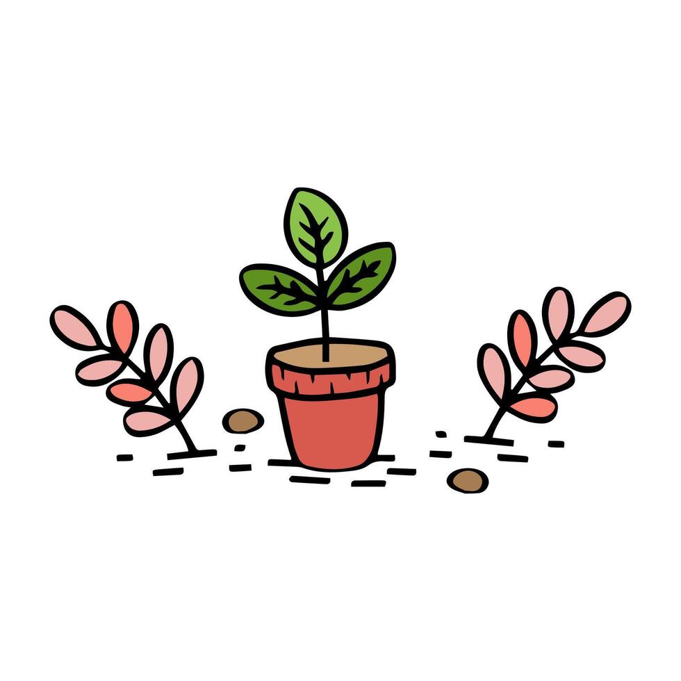green Plant with branches in a red pot. Simple drawing. New normal concept. vector