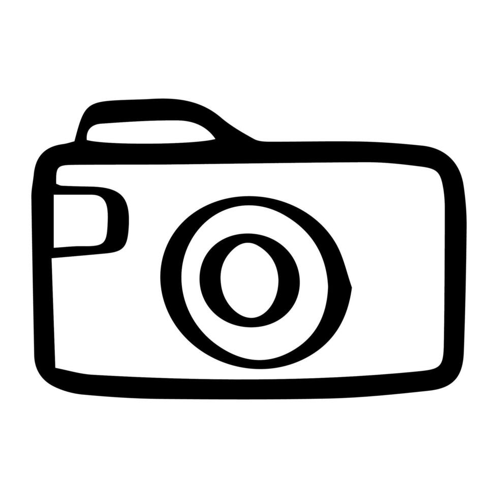 A cartoon drawing of a camera with a lens. outline Vector