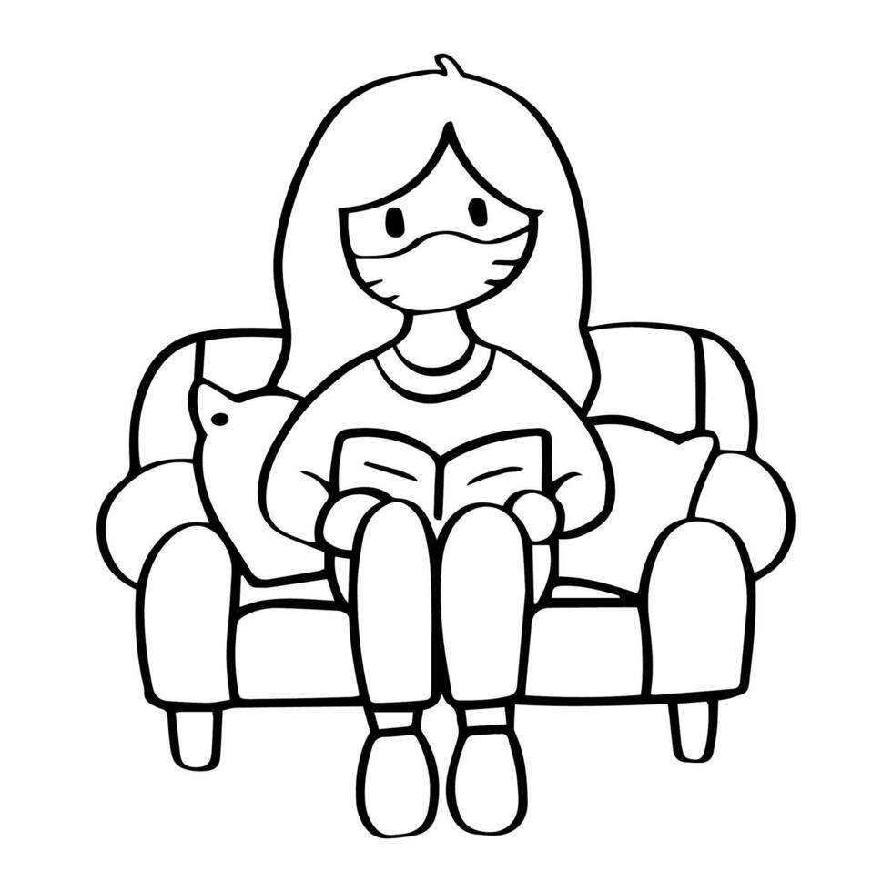 women with a mask is reading a book while sitting on a yellow couch, surrounded by pink cushions, depicting the new normal of indoor leisure during health precautions. outline Vector