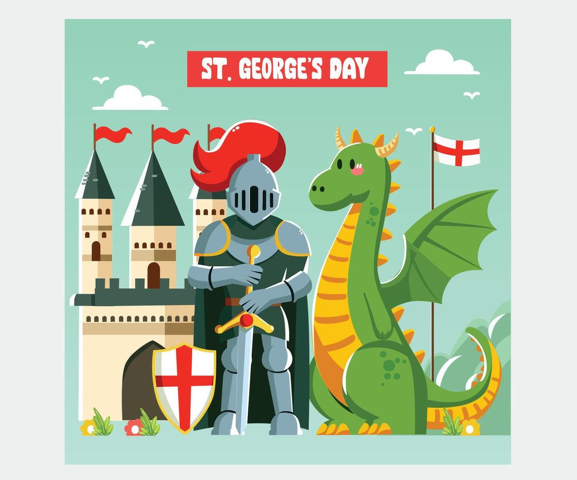 Flat St. George's Day with Knight and Dragon Illustration vector