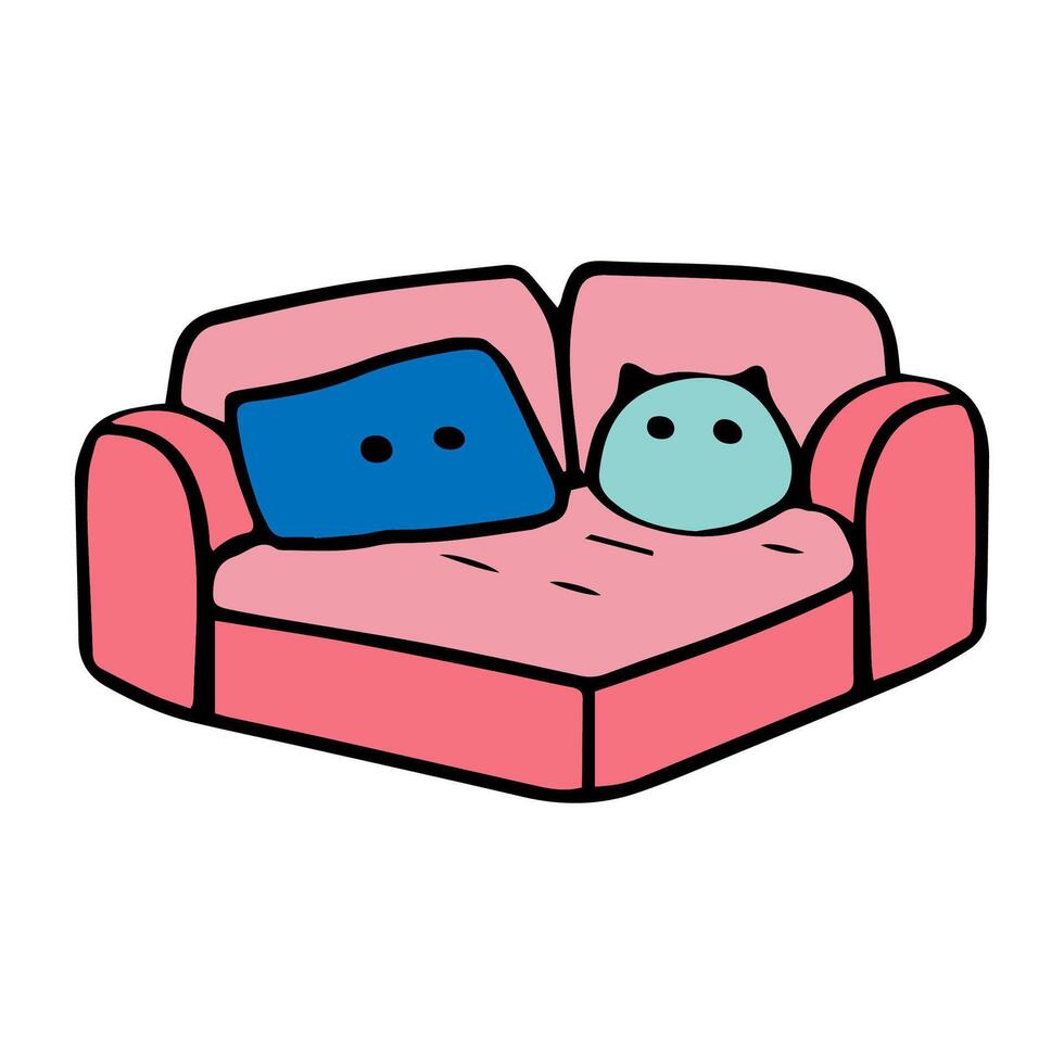 cartoon drawing charming illustration of a pink couch with two fluffy pillows its playful and cozy. vector