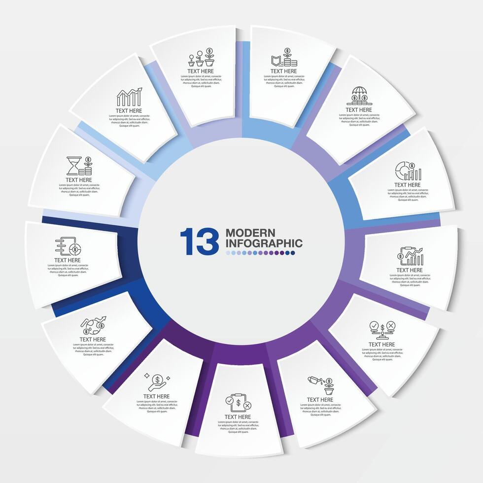 azul tono circulo infografía con 13 pasos, proceso o opciones vector