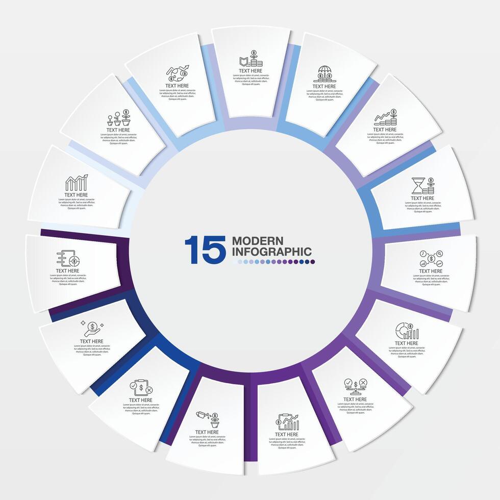 azul tono circulo infografía con 15 pasos, proceso o opciones vector