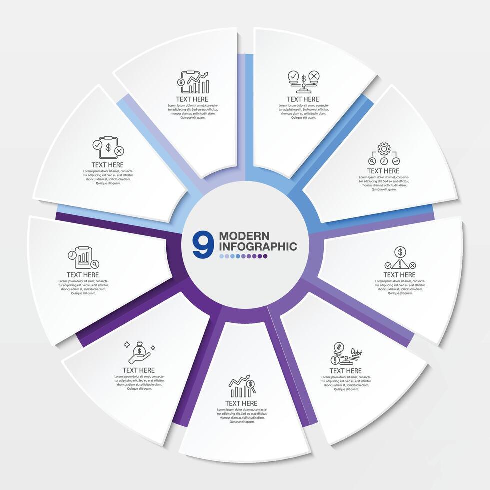 Blue tone circle infographic with 9 steps, process or options. vector