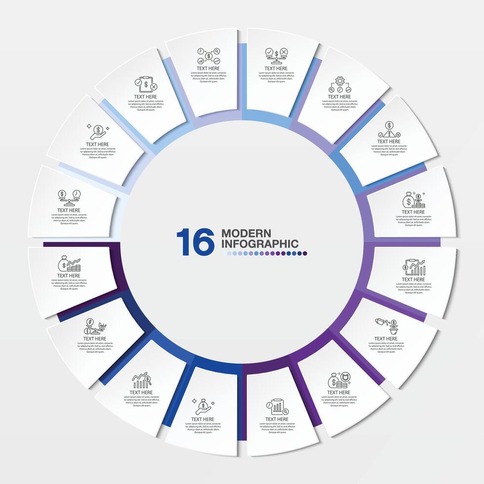 azul tono circulo infografía con dieciséis pasos, proceso o opciones vector