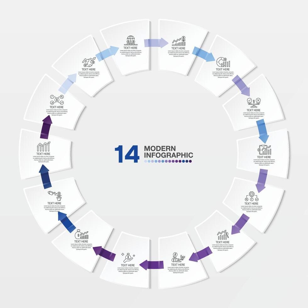 azul tono circulo infografía con 14 pasos, proceso o opciones vector