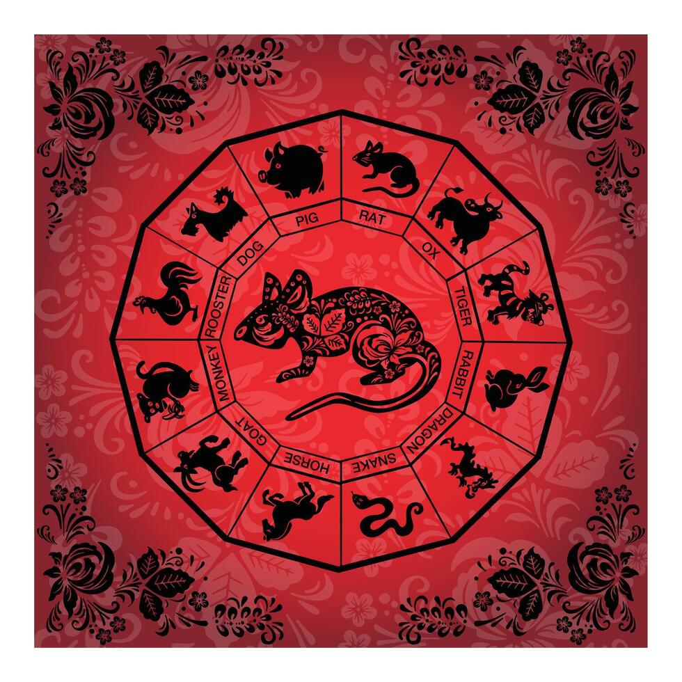 Black ethnic boho rat, mouse on the background of a red banner vector