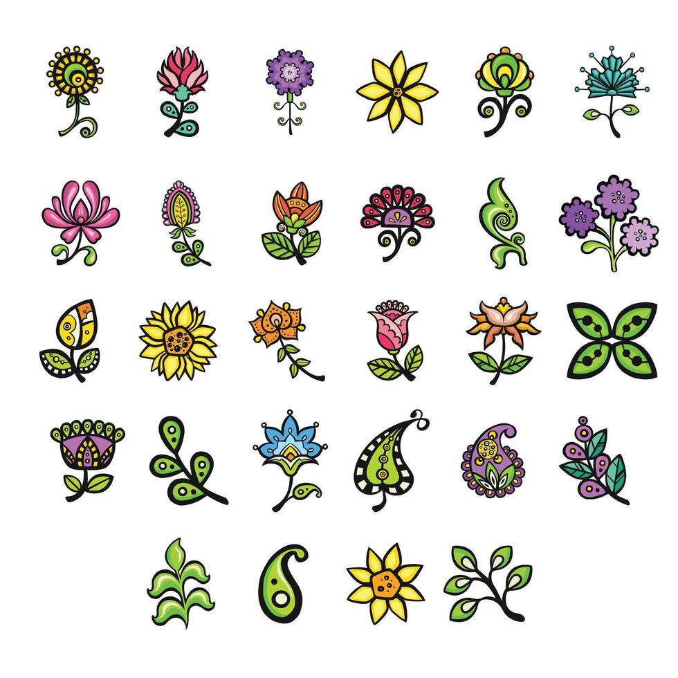 large set of bright ethnically stylized flowers for ornaments, vector