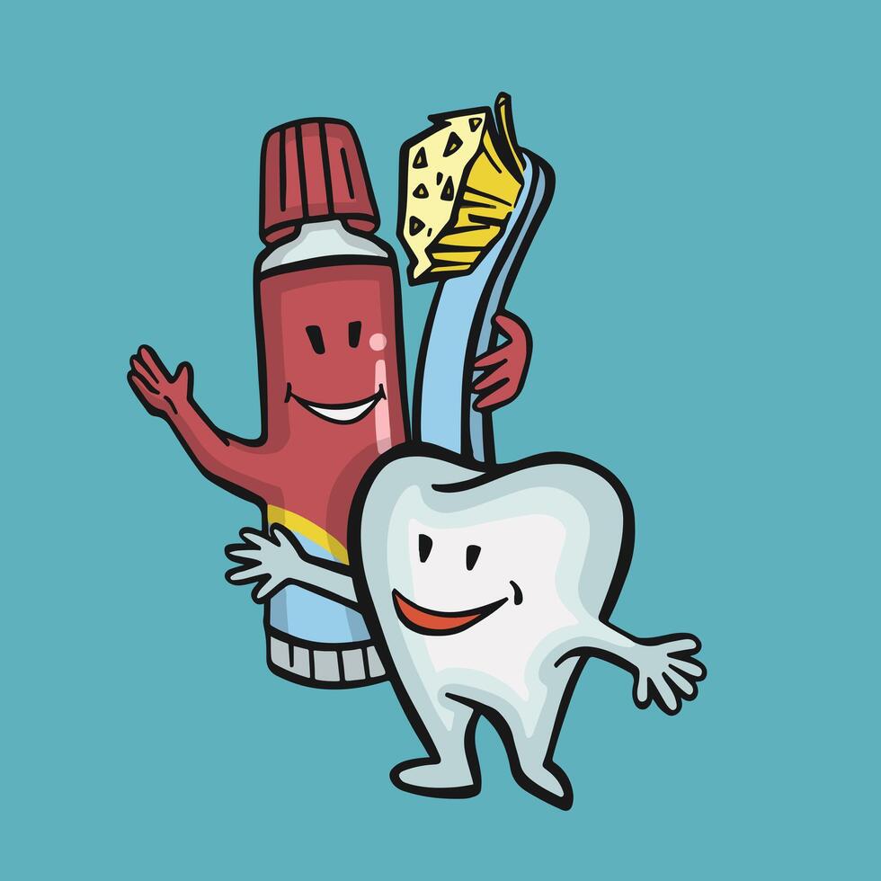 healthy joyful tooth character toothpaste and brush oral hygiene, vector