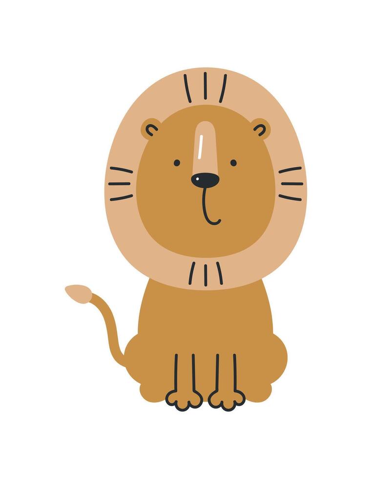 Cute lion. Flat cartoon vector illustration isolated on white background. For card, posters, banners, printing on the pack, printing on clothes, fabric, wallpaper, textile or dishes.