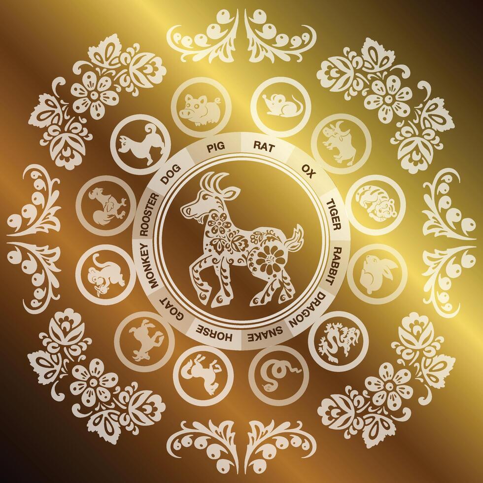 greeting card goat with gold in ethnic Russian style, symbol of the year, vector illustration eps 10