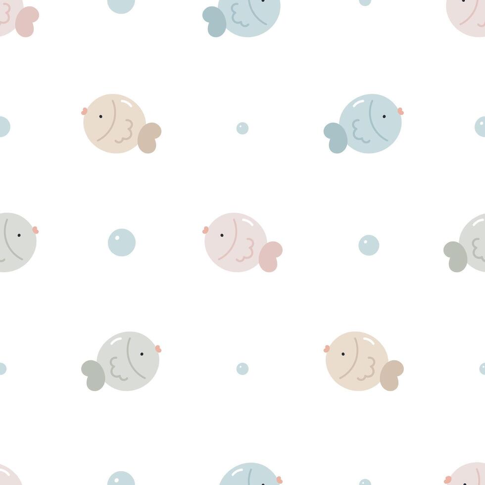 Seamless pattern with cute fish. Sea character. For for kids design, fabric, wrapping, cards, textile, wallpaper, apparel. Isolated vector cartoon illustration in flat style on white background.