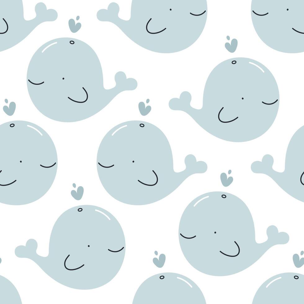 Seamless pattern with cute whale. Sea character. For for kids design, fabric, wrapping, cards, textile, wallpaper, apparel. Isolated vector cartoon illustration in flat style on white background.